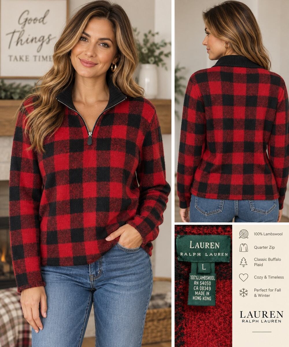 Vintage Lauren Ralph Lauren 100% Lambswool Buffalo Plaid Quarter Zip Sweater L